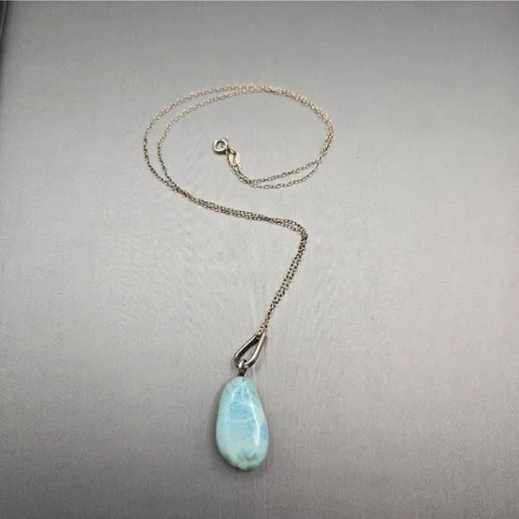 VTG Sterling Silver Larimar Pendant Necklace 18" Teardrop Signed F 6.79g - Picture 15 of 15